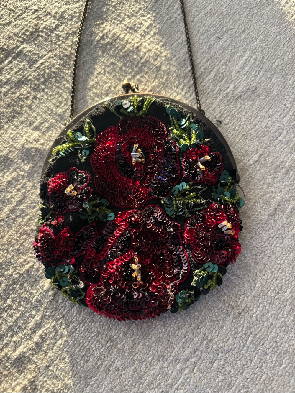 Sequin Embroidered Floral Evening Bag - Black & Red